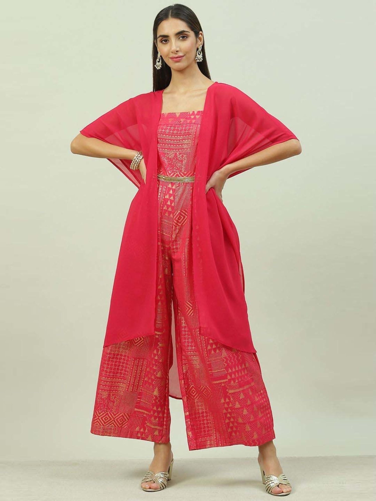 Buy Zari Jaipur Cotton Silk Dark Pink Embroidery Jumpsuit online