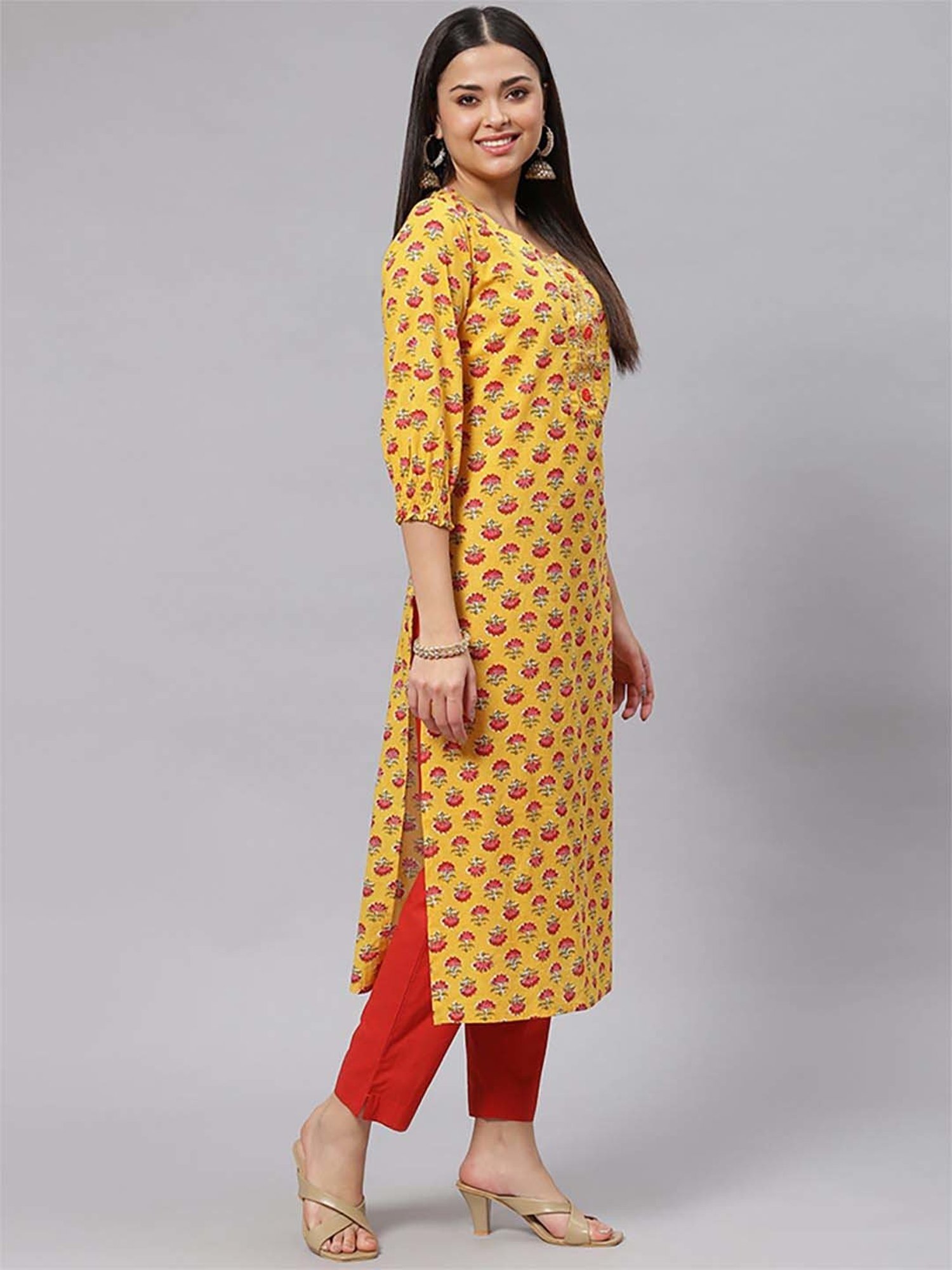 Cotton yellow kurti with green dupatta digital Print | Frock Style Kurti