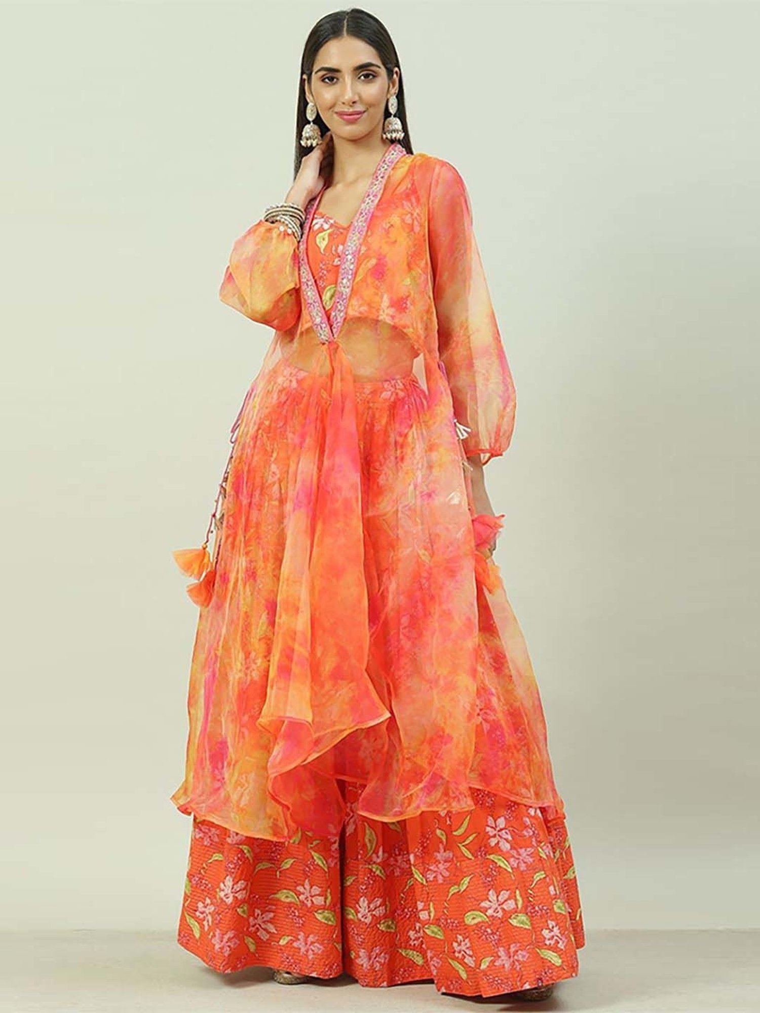 Buy Orange Art Silk Cape Lehenga Set (Cover Up, Blouse, Lehenga) for  INR5975.00 | Biba India