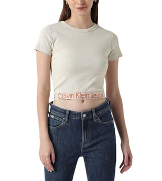 Calvin Klein Jeans CROPPED SLIM TEE - Basic T-shirt - eggshell/off