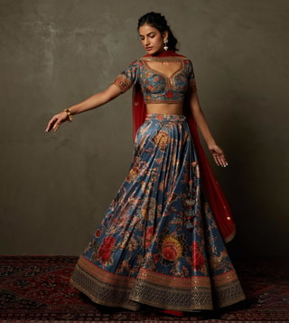 Laxmi Fashion Tafetta Silk. Multi-blue Lehenga Choli With Orange Dupatta
