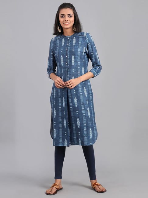 Buy W Blue Cotton Floral Print Straight Kurti for Women Online