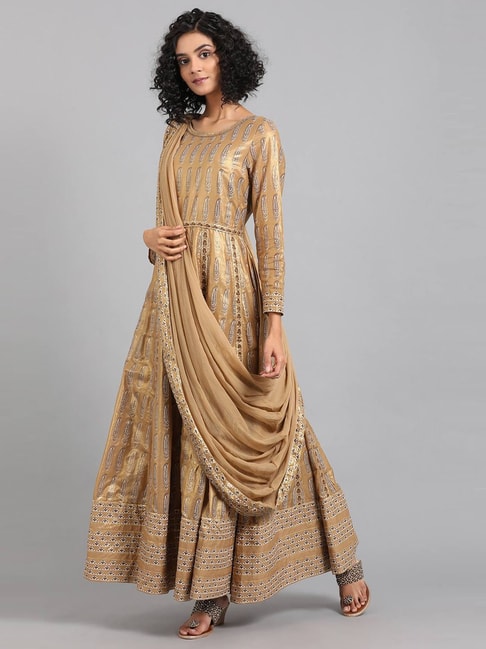 rangita Women Chanderi Beige Gold Puff Printed Calf Length Kalidar Kurti, S  : Amazon.in: Fashion
