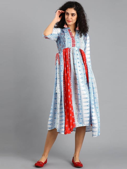 W Blue Red Floral Print Yolo Dress