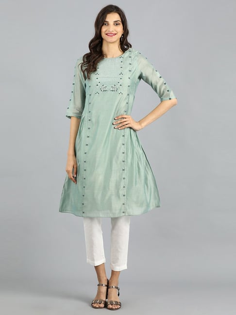 W Mint Green Cotton Embellished A Line Kurti