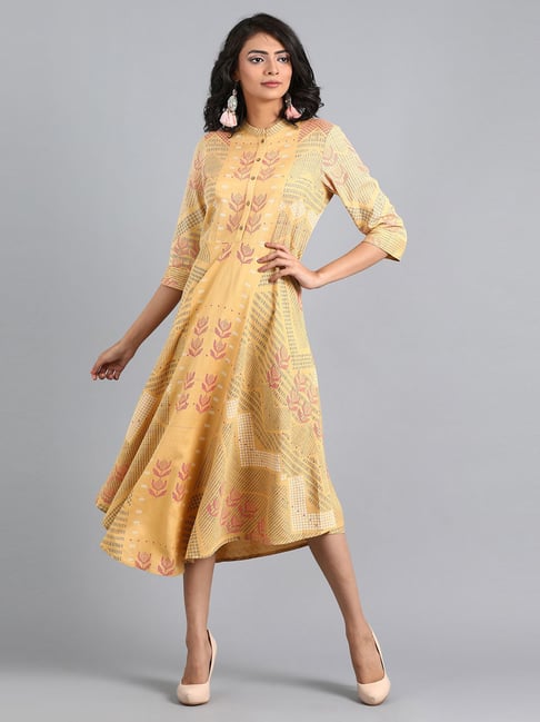 W Beige Printed A Line Kurta