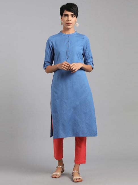 W Blue Straight Regular Fit Kurti