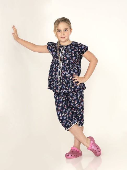 Cherry Crumble by Nitt Hyman Kids Navy Blue Floral Printed Floral Slumber Nighsuit-picture-27