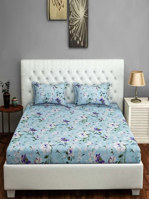 Swayam Floral Turquoise 144 TC Cotton King Bedsheet with 2 Pillow Covers-picture-31