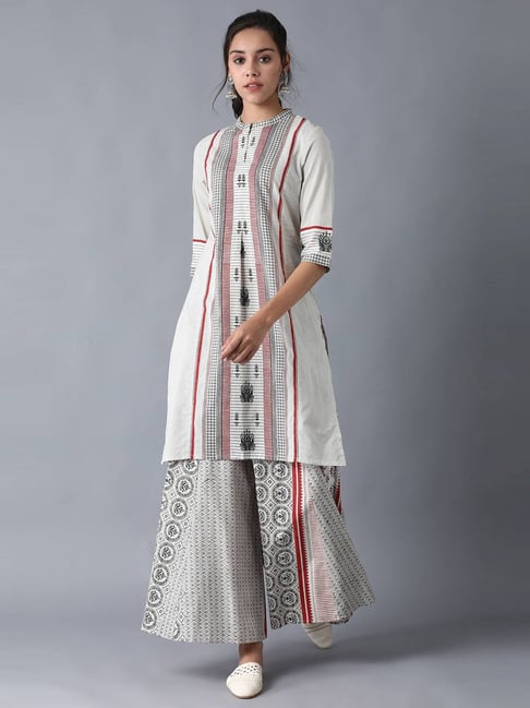 W Off-White Cotton Printed Straight Kurta