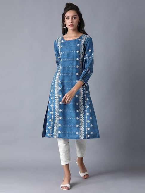 W Royal Blue Printed Straight Kurta - Main Image