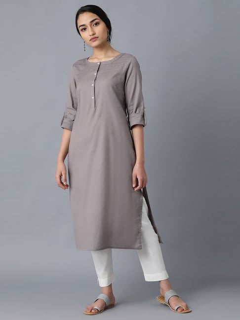 Grey Casual Wear Embroidered Cotton Kurti