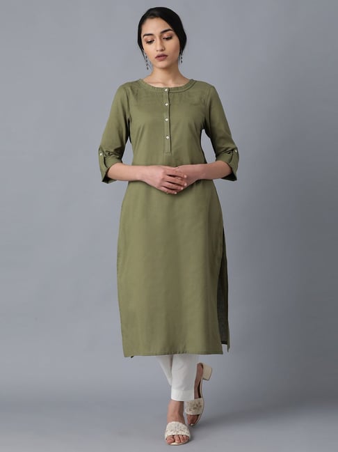 Light Olive Green Embroidered Cotton Silk Kurti