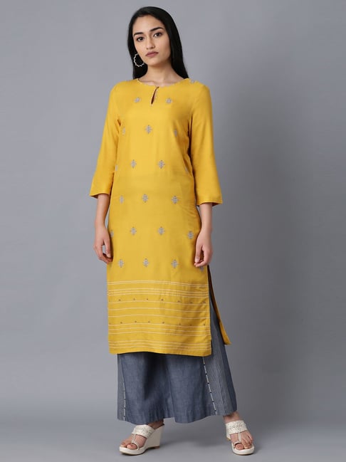 W Mustard Embroidered Straight Kurta