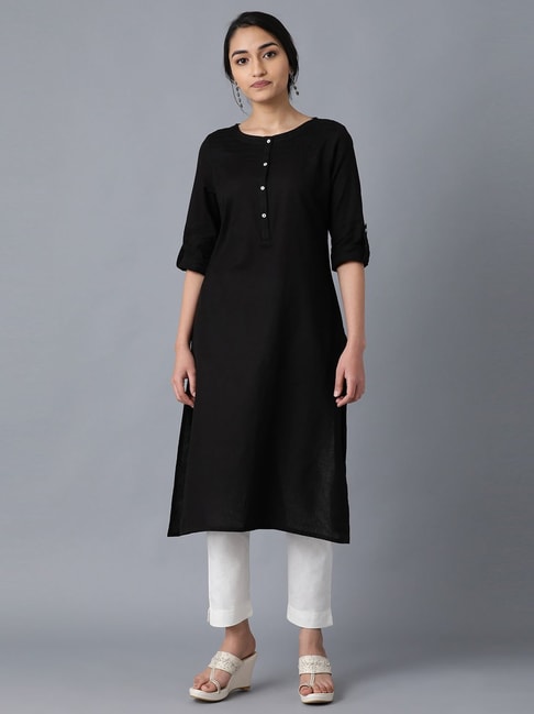 W Black Cotton Straight Kurta Price in India