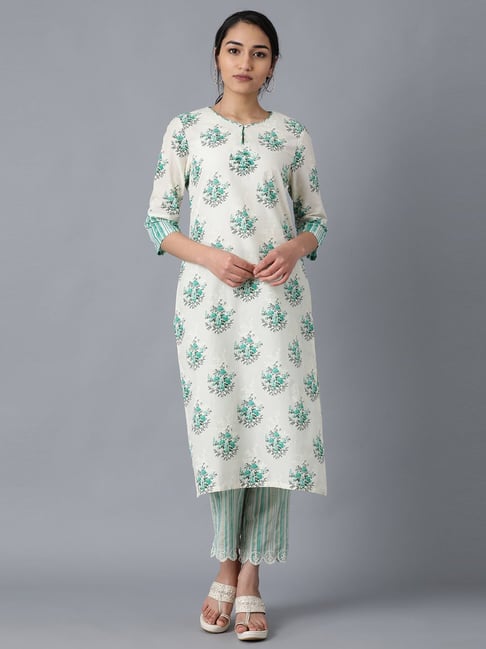 W Green & Off-White Cotton Floral Print Straight Kurta