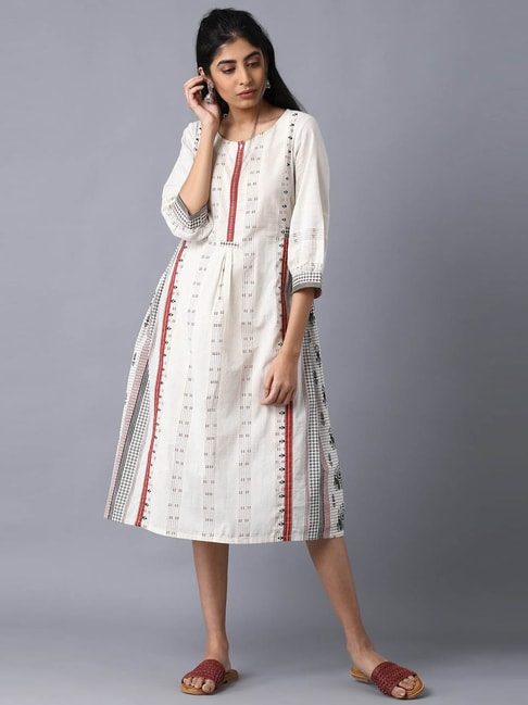 W Off-White Cotton Printed A-Line Dress Price in India