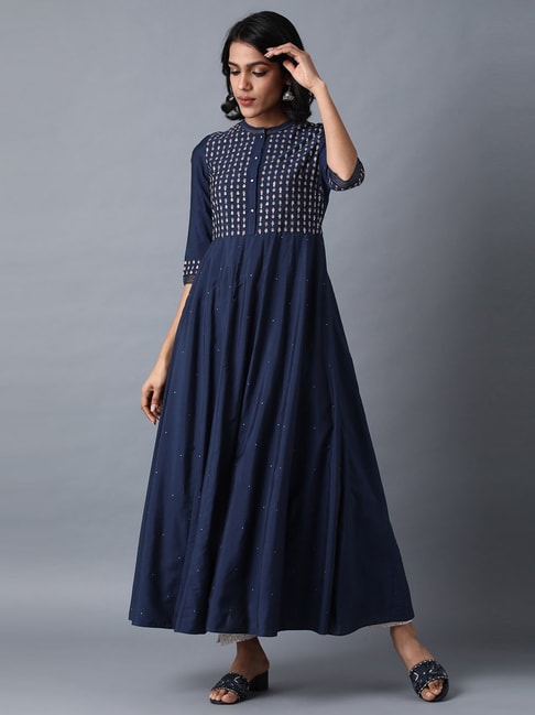 W Navy Printed A Line Kurta Price in India