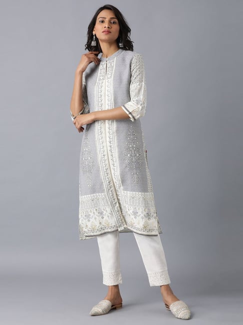 W Grey Printed Straight Kurta