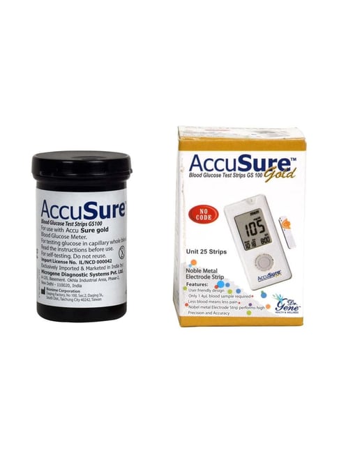 AccuSure Gold Glucometer Test Strips, Pack of 1 | 25 Glucometer Strips