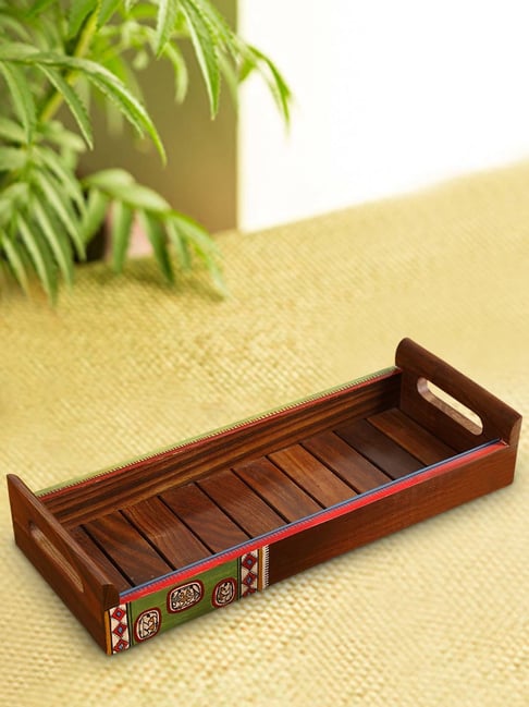 ExclusiveLane 'Paints & Planks' Warli Hand-Painted Tray In Sheesham Wood