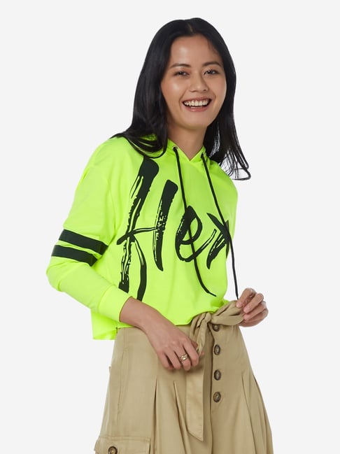 Buy Nuon by Westside Neon Green Text Pattern Hooded Crop T-Shirt