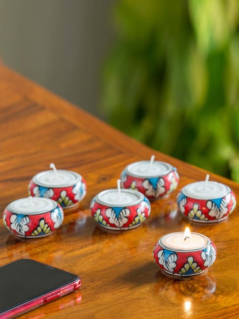 ExclusiveLane 'Shimmering Mughals' Floral Hand-painted Tea-Light Holders In Ceramic (Set of 6)