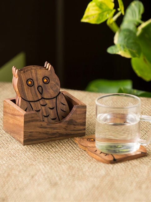 Buy ExclusiveLane Owl Hand Carved Coasters With Stand (Set Of 4