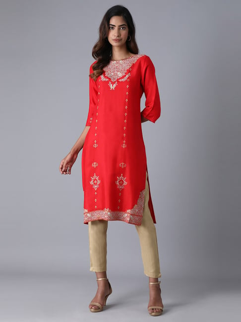 W Red Printed Straight Kurta