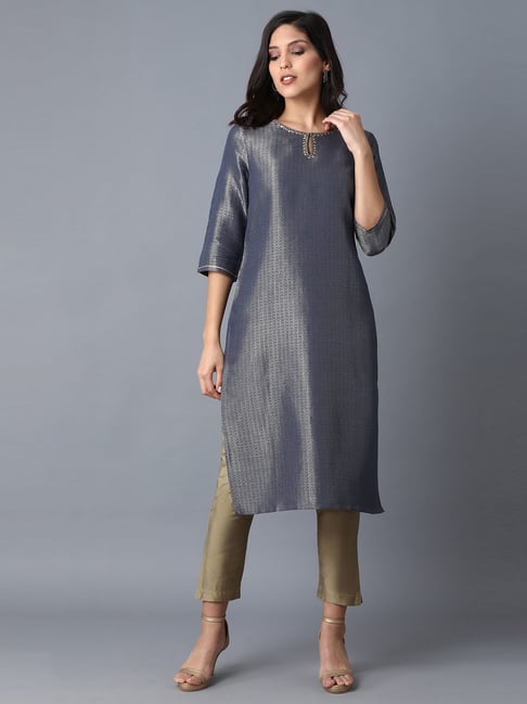 W Navy Woven Pattern Straight Kurta Price in India