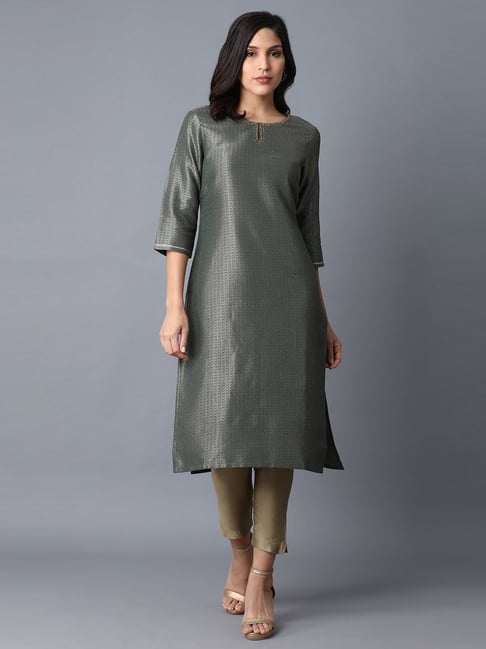 W Sage Green Woven Pattern Straight Kurta Price in India