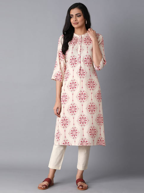 W Beige Printed Straight Kurta