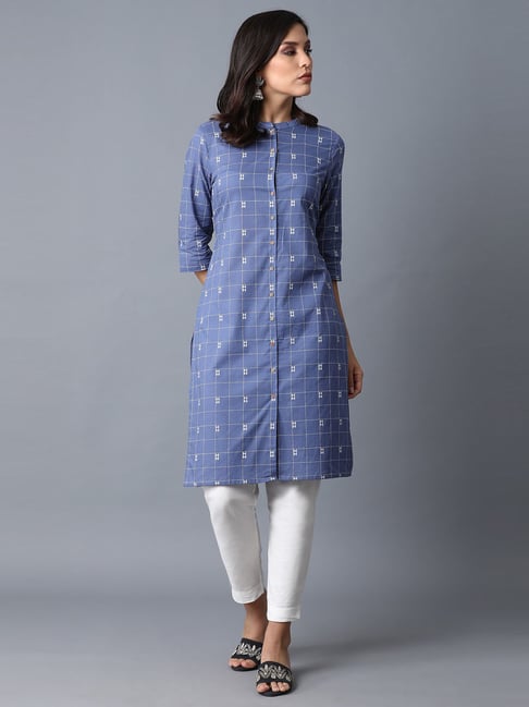 W Blue Cotton Printed Straight Kurta