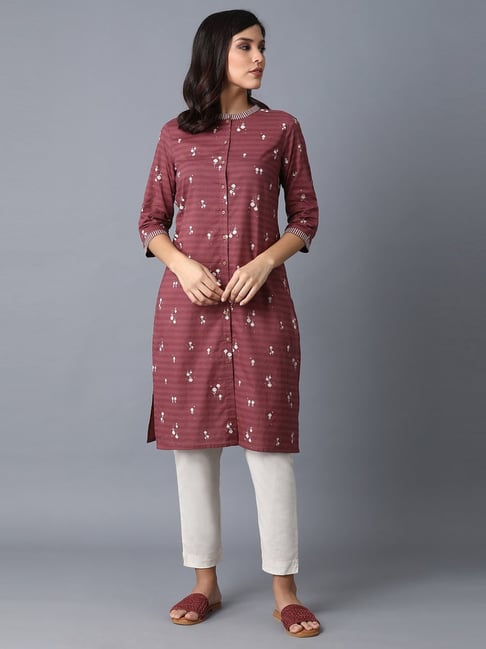 W Maroon Cotton Printed Straight Kurta