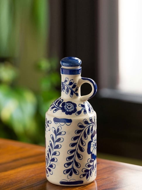 ExclusiveLane The 'Flowy Flora' Mughal Hand-Painted Ink Blue Decorative Ceramic Oil Bottle (1000 ML)
