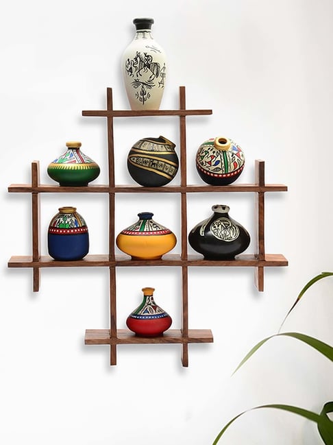 ExclusiveLane 8 Terracotta Warli Handpainted Pots With Sheesham Wooden Frame Wall Hanging-image-35