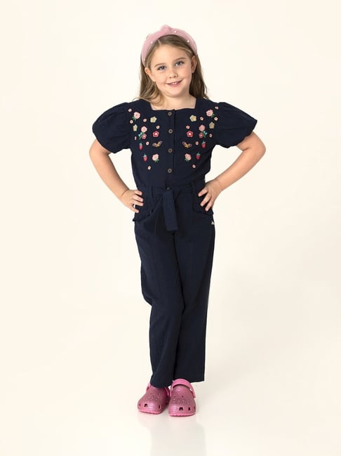 Cherry Crumble By Nitt Hyman Kids Navy Cotton Embroidered Jumpsuits-picture-23