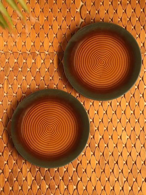 ExclusiveLane 'Amber & Teal' Hand Glazed Studio Pottery Dinner Plates In Ceramic (Set of 2)
