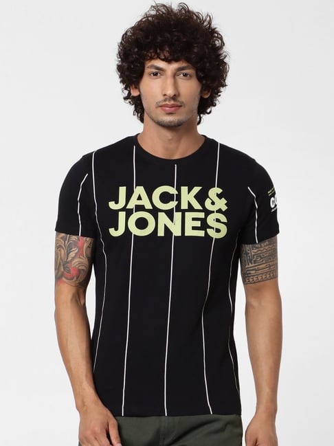 Jack & Jones Black Cotton Slim Fit Logo Printed T-Shirt