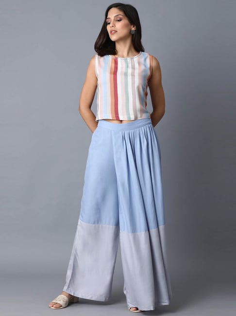 W Blue Striped Top & Pant Set Price in India