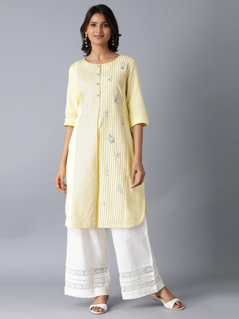 W Yellow Embroidered Straight Kurta Price in India