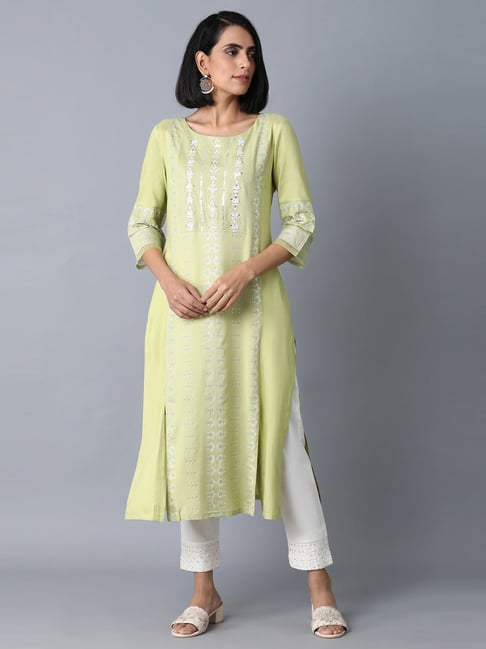 W Green Embroidered A Line Kurta Price in India