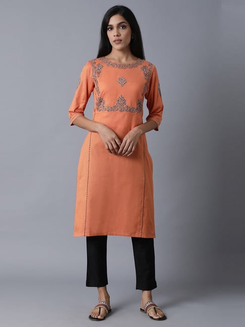 W Orange Embroidered A Line Kurta Price in India