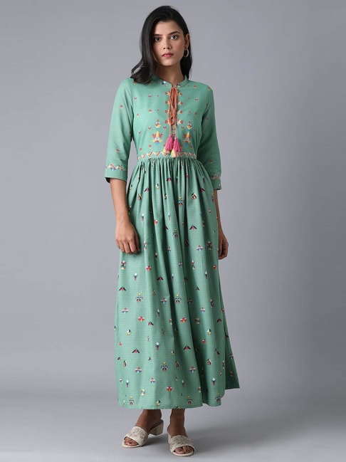 W Green Self Design Design Maxi Dress Price in India