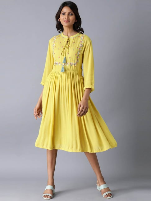 W Yellow Embroidered Maxi Dress Price in India