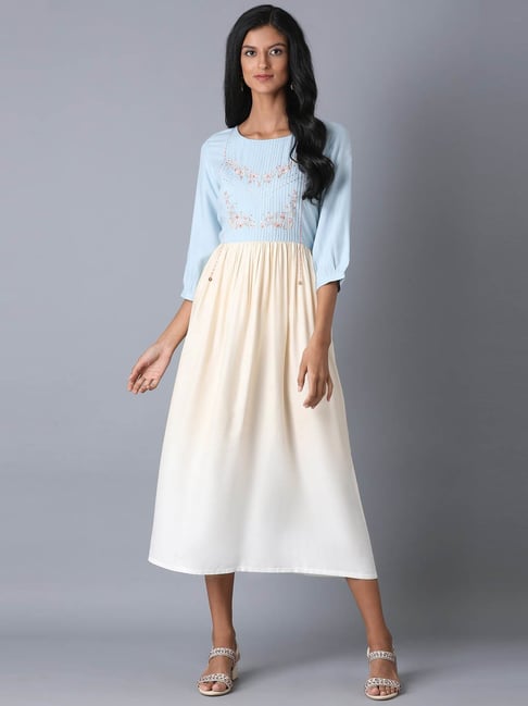 W Blue & Beige Embroidered Maxi Dress Price in India