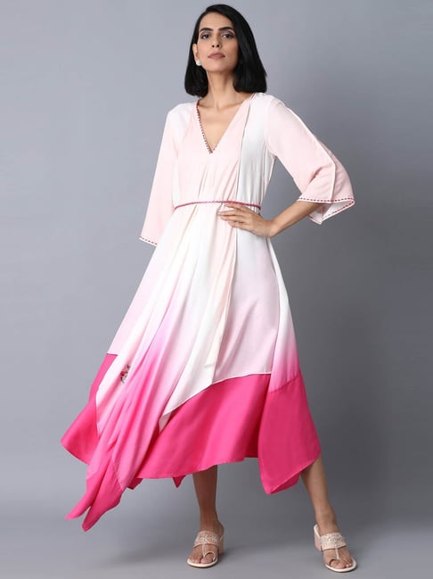 W Pink Printed High-Low Dress Price in India