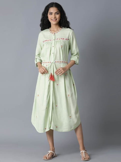W Green Embroidered Below knee A-Line dress Price in India