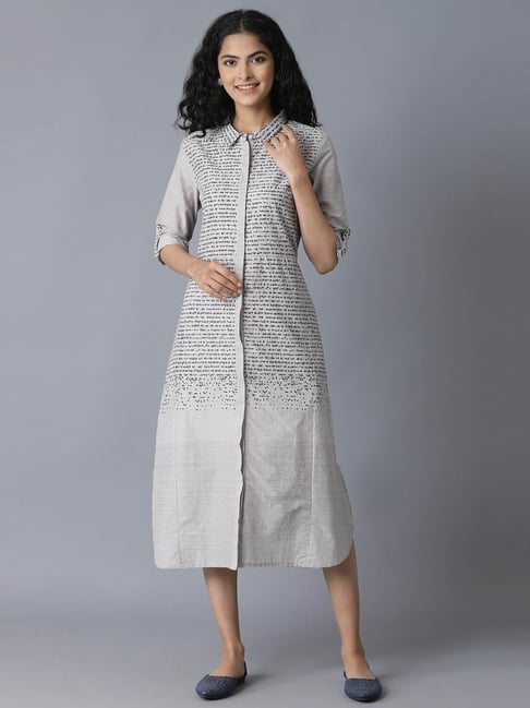 W Grey Striped Below knee Shirt dress Price in India