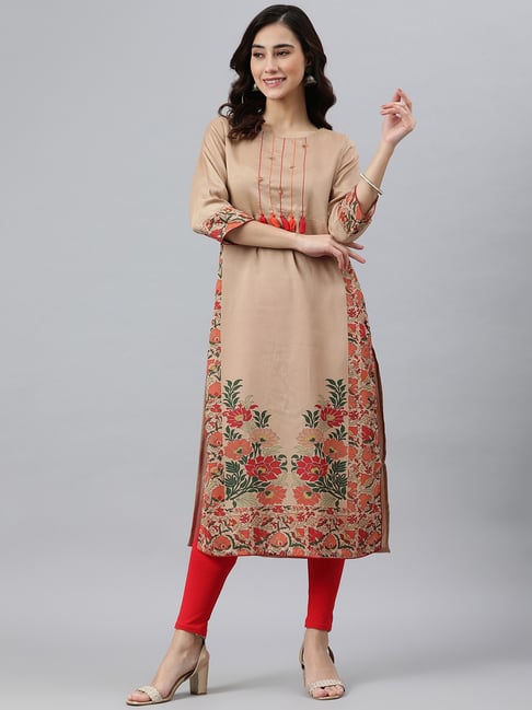 Janasya Brown Printed Straight Kurta Price in India